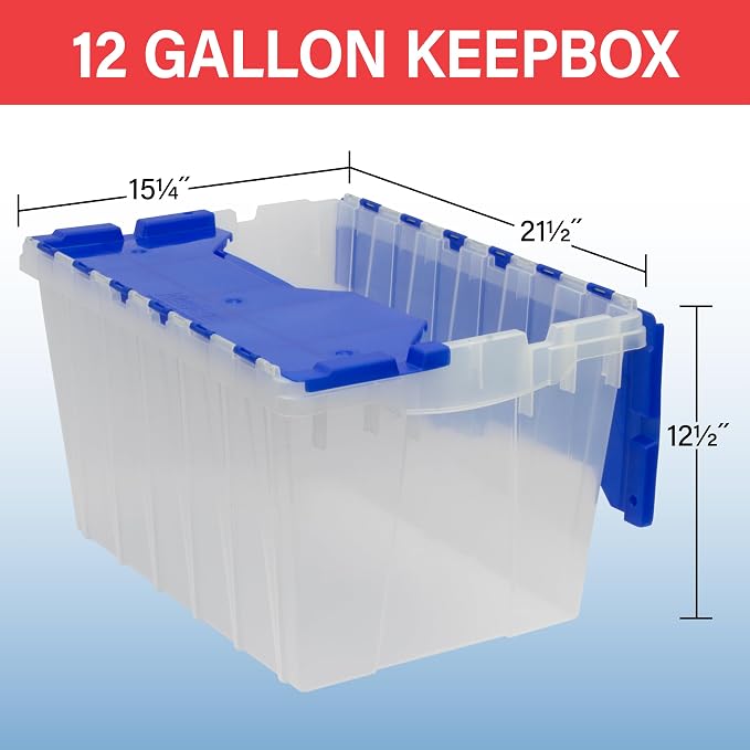 Akro-Mils KeepBox 12 Gallon Storage Container, Nesting and Stackable Plastic Storage Box with Lid Attached, Clear Tote for Garages, Closets, Moving, 21-1/2" x 15" x 12-1/2", Clear/Blue, Pallet of 48 - Image 3