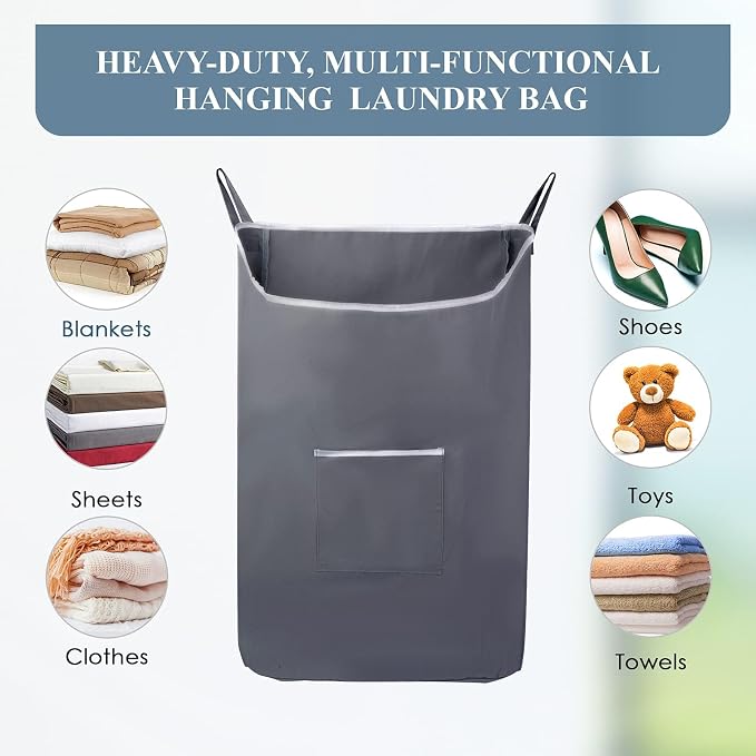 The Fine Living Co. X-Large Hanging Laundry Hamper with Over Door Hooks & Adhesive, Durable Space Saving Laundry Bag with Zipper and Wide Open Top,Hanging Dorm Laundry Hamper 20"x3.75"x31" (Gray-XL) - Image 7