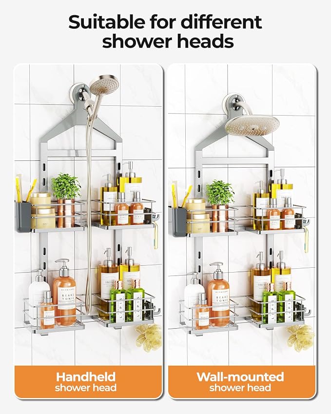 ODesign 2 Tier Height-Adjustable Shower Caddy Hanging Anti-Swing-Over The Shower Head Caddy-Storage Organizer Bathroom Shelves Basket-Silver - Image 5