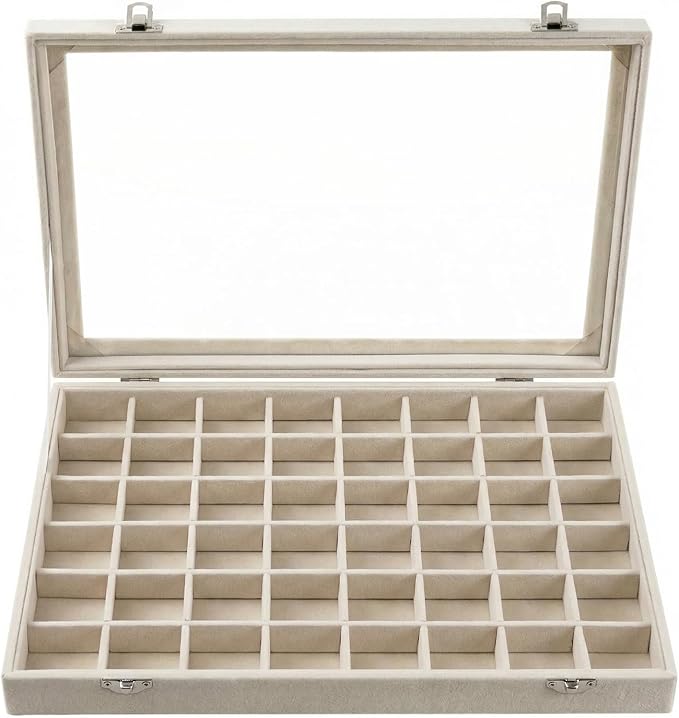 Velvet Jewelry Tray 48 Compartments Jewelry Box Display Organizer with Transparent Cover Earrings, Rings,Necklaces, Pendants Storage Box for Girls, Women,Wife, Mother(Beige) - Image 3