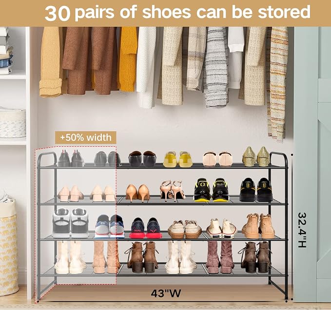 KEETDY 4-Tier Long Shoe Rack for Closet Metal Shoe Organizer for Entryway, Wide Stackable Shoe Storage Shelf with Sturdy Wire Grid for Closet Floor, Bedroom, Black - Image 3