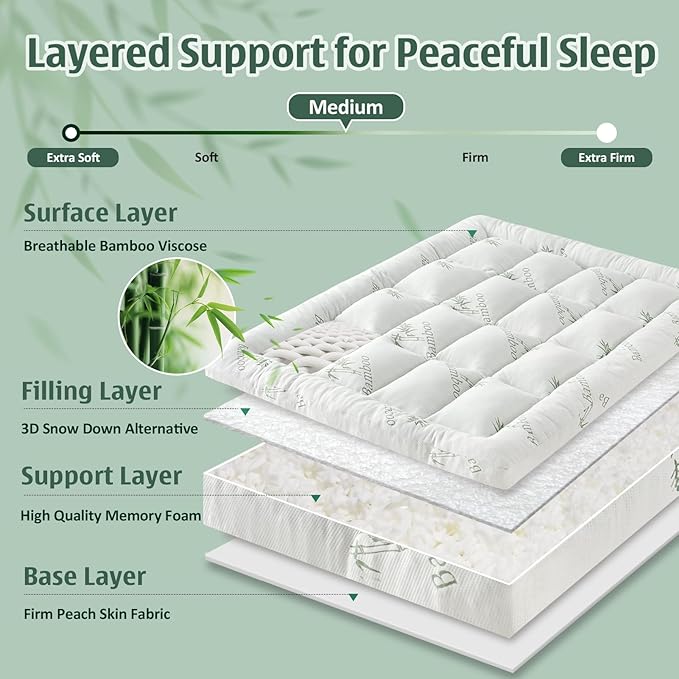 DOWNCOOL 3 Inch Twin Mattress Topper – Cooling Memory Foam Mattress Topper for Back Pain Relief, Breathable Bamboo Viscose Air Layer, 1700 GSM Fill, Deep Pocket Fits 8–21 Inch