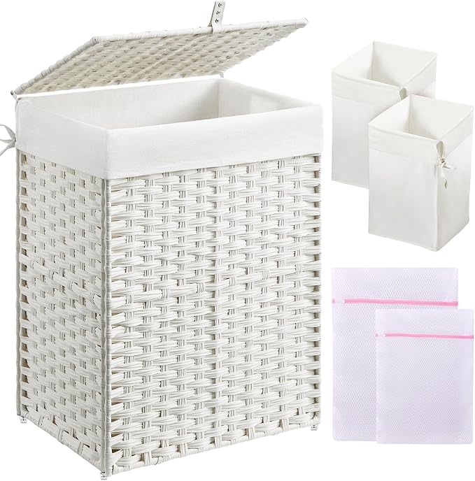 Greenstell Laundry Hamper with Lid, 90L Clothes Hamper with 2 Removable Liner Bags & 2 Mesh Laundry Bags, Handwoven Synthetic Rattan Laundry Basket for Clothes, Toys in Bathroom, Bedroom White by Greenstell