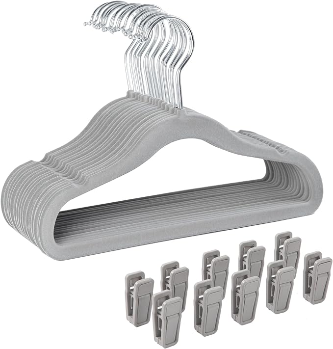 Finnhomy Non-Slip Clothes Hangers for Baby and Kids 30-Pack Velvet Hangers with 10 Finger Clips, Gray by Finnhomy