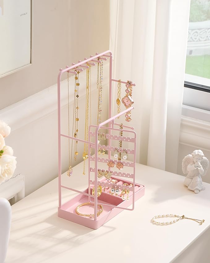 ProCase Jewelry Stand Holder Organizer, Jewelry Display Storage with Ring Tray, Rotating Earring Bracelet Necklace Holder, Valentine's Gifts Room Dorm Decor for Teen Girls -Pink (No-Assembly) - Image 4