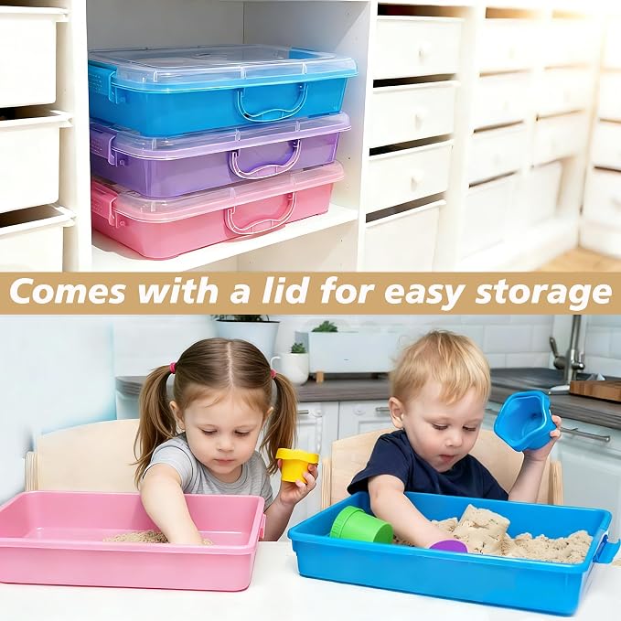 4 Qt (3.8L) Sensory Bin With Lid - 3 Pack, Stackable Storage Sensory Bins with Lids, Portable Sandbox, Organizers Sand, Arts, Crafts, (Blue, Purple, Pink) - Image 6