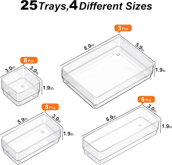 SMARTAKE 25-Piece Drawer Organizer with Non-Slip Silicone Pads, 4-Size Desk Drawer Organizer Trays Storage Tray for Makeup, Jewelries, Utensils in Bedroom Dresser, Office and Kitchen (Clear) - Image 2