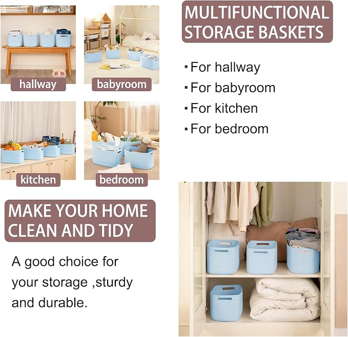OIAHOMY 4 Pack Storage Baskets for Organizing, Cube Storage Bins for Shelves, Rectangle Storage Baskets With Handles, Woven Baskets for Storage, 12.7''Lx9''Wx7.8''H, Light Blue - Image 6