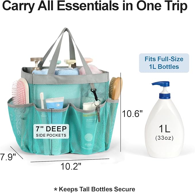 F-color Mesh Shower Caddy Portable, Upgrade Deeper 7 Pockets Shower Bag Basket Bag for College Dorm Room Toiletry Bathroom Essentials Gym Camp Quick Dry 2 handles with S Hook, Mint Green - Image 3