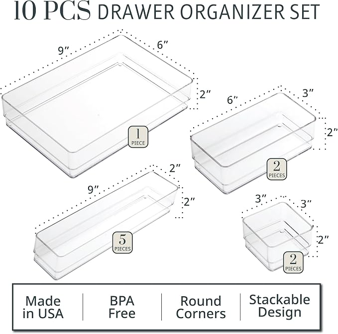 STORi SimpleSort 10-Piece Stackable Clear Drawer Organizer Set | Multi-size Trays | Makeup Vanity Storage Bins and Office Desk Drawer Dividers | Made in USA - Image 2