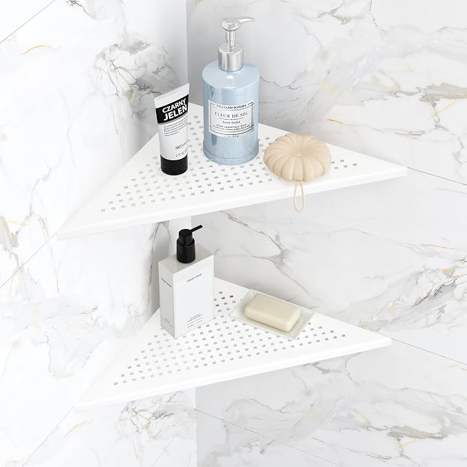 Qeke 2 Pack Bathroom Corner Shelf, Recessed 12" Corner Shower Shelf, SUS304 Stainless Steel Triangular Wall Mount, No Drilling, Matte White by Qeke