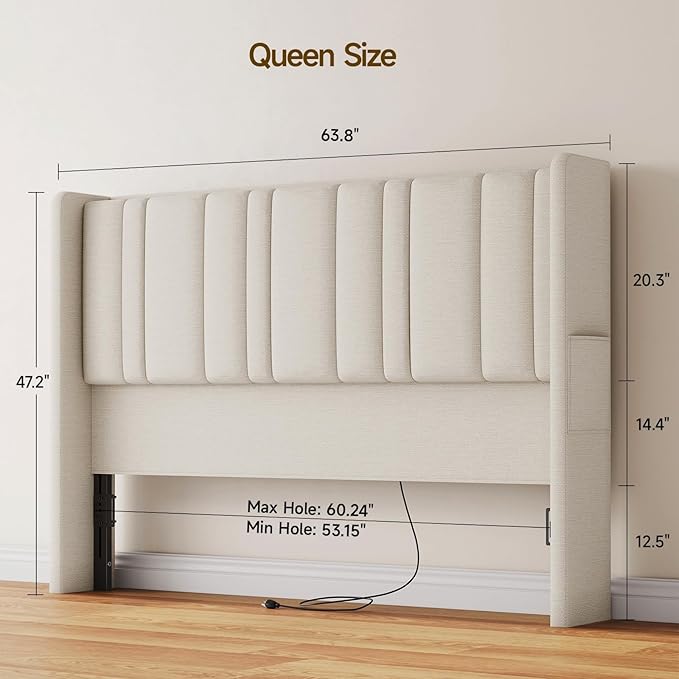 ONBRILL Queen Size Headboard with Storage, LED Light, Linen Vertical Wingback Headboard with Charging Station, Upholstered Head Board Queen w/High-Density Sponge Padding, 2 Storage Pockets, Off White