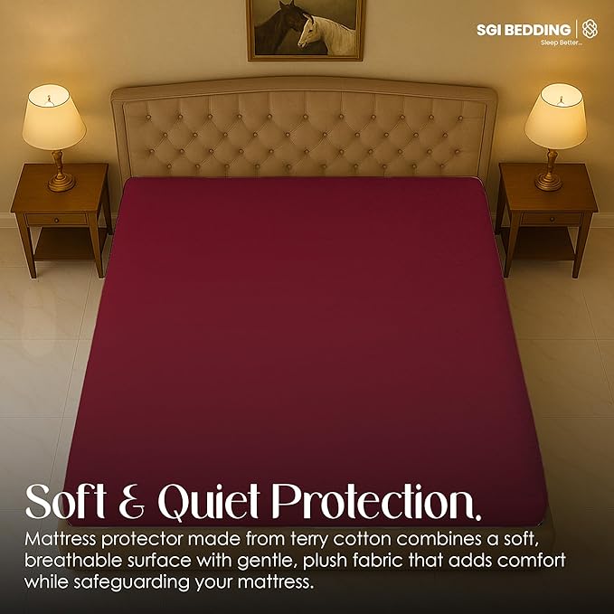 SGI bedding Waterproof Emperor/Wyoming King 84" x 84" Extra Large Bed Mattress Pad Cover, 15" Deep Pocket, Soft Noiseless & Breathable Fitted Sheet Style Mattress Protector – Burgundy