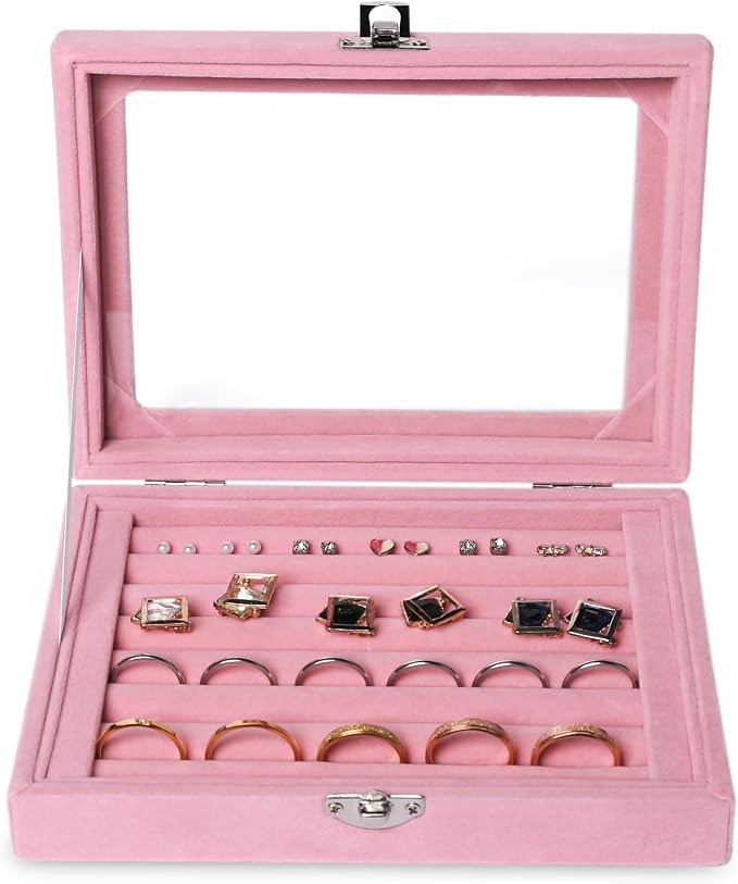 Frebeauty Rings/Earring Organizer Tray with Clear Lid,7 Slots Ring Box Velvet Ring Holder Drawer Insert Jewelry Storage Box Jewelry Display Case Jewelry Box Gift for Women and Girls(Pink,7 Slots) - Image 2
