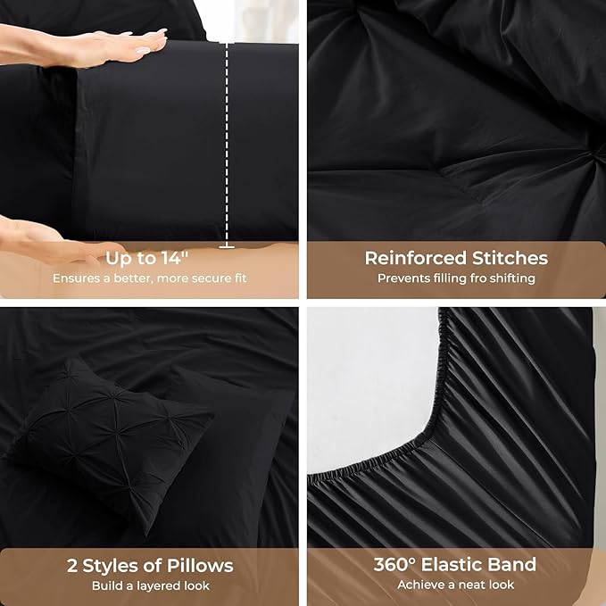 Sasttie King Size Comforter Set, 7-Piece Bed in a Bag, Pintuck Bedding Set for All Season, Includes Comforter, Flat Sheet, Fitted Sheet, Pillowcases and Pillowshams, Black