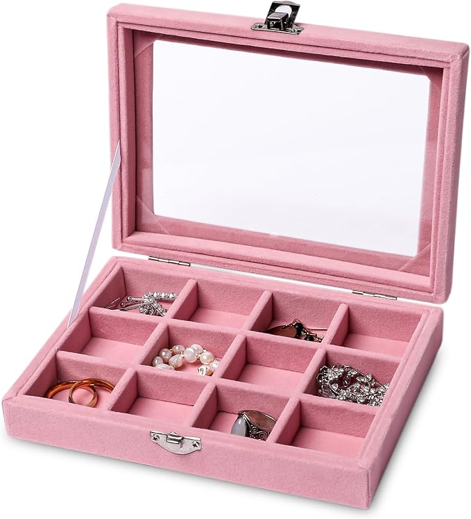 Frebeauty Jewelry Organizer Tray with Clear Lid,12 Grid Velvet Drawer Insert Jewelry Storage Box with Transparent lid Jewelry Display Case Store Showcase Jewelry Box Gift for Women(Pink,12 Grid) by Frebeauty