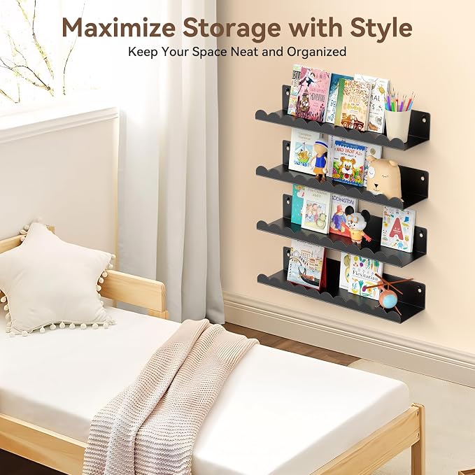 Nursery Book Shelves, 17 Inch Metal Floating Shelves for Wall 4 Pack, Scalloped Shelves, Wall Mounted Book Shelf for Kids Bedroom, Baby Room, Nursery Decor （Black） - Image 6