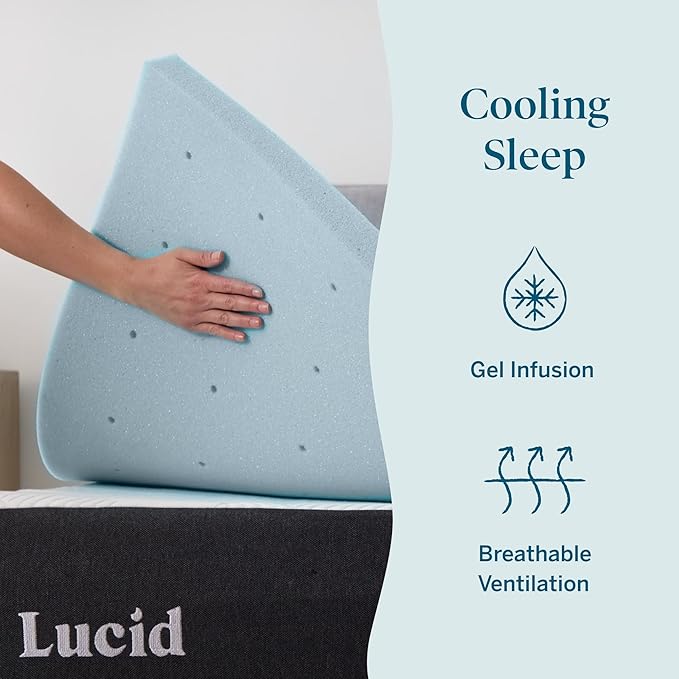 Lucid 2 Inch Memory Foam Mattress Topper, King Size – Cooling Gel Bed Topper – Pressure-Relieving Plush Feel – Ventilated Breathable Design – CertiPur Certified - Dorm Essentials