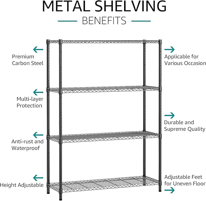 IZEUK 1400 LBS Garage Black Shelving Wide Storage Shelves 4 Tier Adjustable Heavy Duty Metal Wire Rack Standing Shelf Unit for Kitchen Office College Dorm Garage Warehouse 15.8" x 45.8"x 59.4" - Image 4