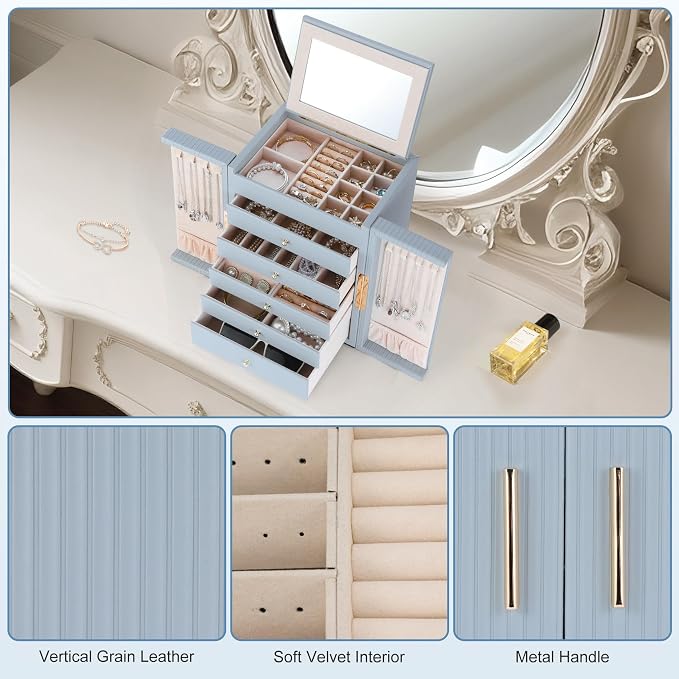 Dajasan Large Jewelry Organizer Box with Mirror, Jewelry Storage Organizer with 5 Drawers, 6-Tier Jewelry Gift Box for Women, Girls, Friends, Wife or Mother, Gift Idea (Smoky Blue) - Image 5