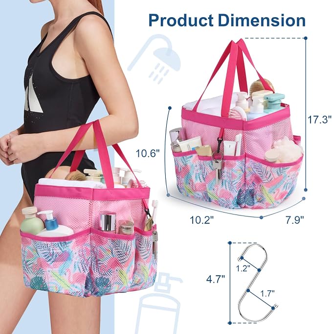F-color Shower Caddy Portable - Mesh Shower Bag Basket Tote for College Dorm Room Essentials Bathroom Gym Camp Quick Dry for Women Men with S Hook, Pink Flamingo - Image 2