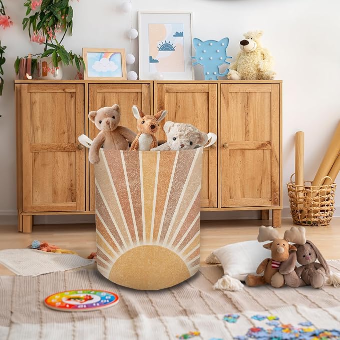 Boho Laundry Basket, Mid Century Modern Boho Neutral Sun Sunshine Waterproof Collapsible Laundry Hamper Dirty Clothes Storage Toy Bin Organizer for Bathroom Bedroom Nursery Girls Kids Room - Image 5