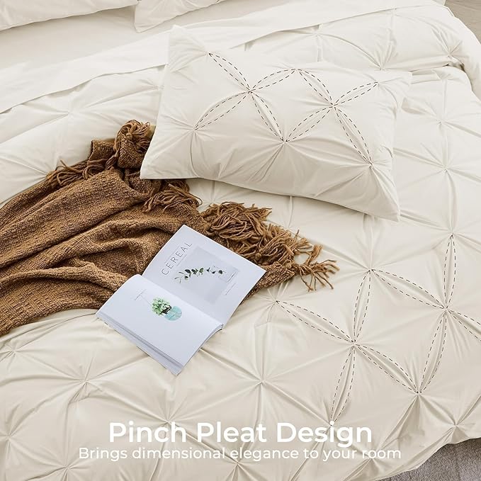Sasttie Twin XL Comforter Set, 5-Piece Bed in a Bag, Pintuck Bedding Sets for All Season, Includes Comforter, Flat Sheet, Fitted Sheet, Pillowcase and Pillowsham, Beige