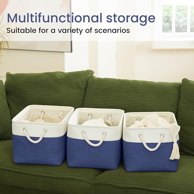 Large Storage Baskets- 15x11x10 inch Storage Bins for Shelves and Closet Organizing, Foldable Fabric Bin for Home Organization Clothes and Laundry (1-Pack, White&Blue) - Image 5