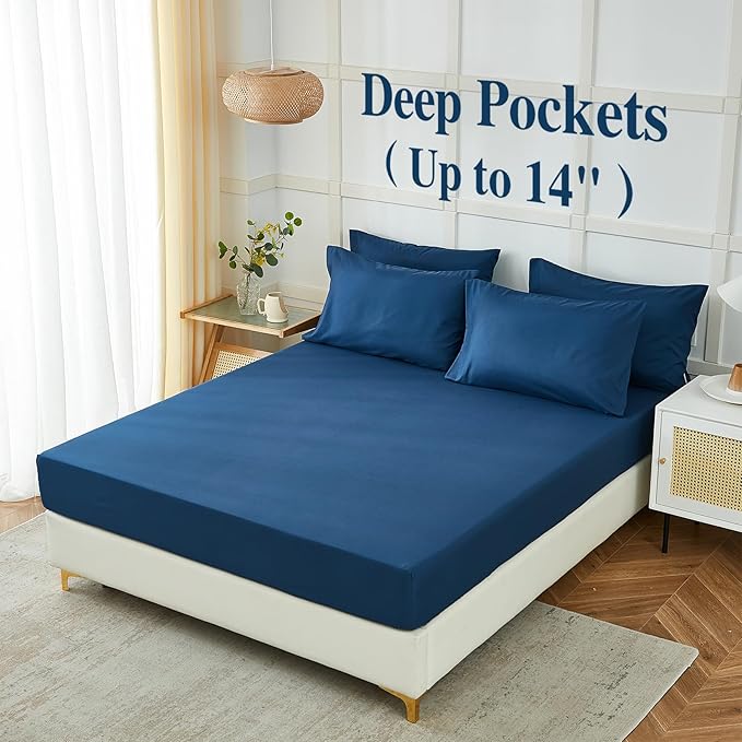 ILAVANDE Navy Blue Queen Sheets Set 6 Piece,Hotel Luxury Super Soft 1800 Series Microfiber Queen Bed Sheets Set-Wrinkle Free & Breathable-14 Deep Pocket Sheets for Queen Size Bed(Queen,Navy Blue)
