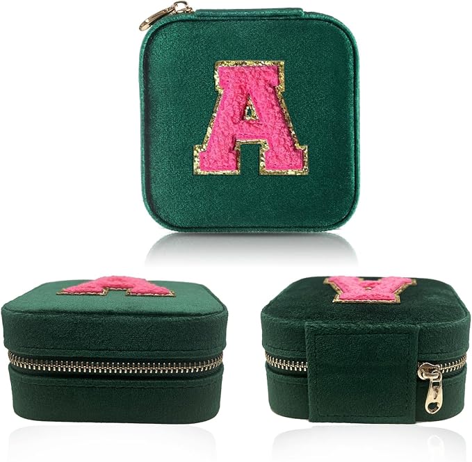 Personalized Velvet Travel Jewelry Case Box For Women Ring Necklace Earring Holder Organizer with Mirror Green Girls Box Birthday Gifts Mom Initial N - Image 2
