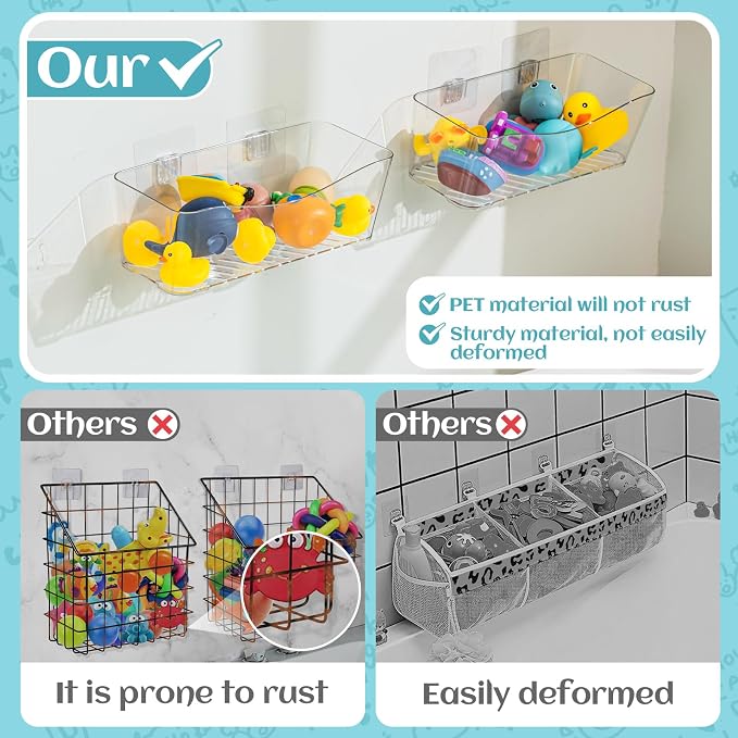 MIUKAA 2 Pack Large Bath Toy Storage Organizer, Clear Bath Toy Holder for Bathtub, Plastic Shower Toy Holder, Fast drainage, No Drilling Required, Easy to Install - Image 6