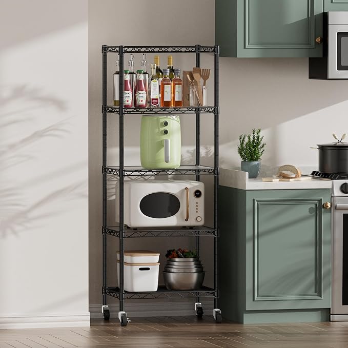SINGAYE 5 Small Shelf Storage Wire Shelves Closet Bathroom Organizers Metal Pantry Kitchen Garage Shelving Unit Laundry Room Organization Home Narrow Rack Net Basket with Wheels Black - Image 6