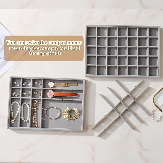 Large Velvet Jewelry Tray 2 Pack Stackable Jewelry Display Drawer Inserts Trays Organizer for Earring Bracelet Necklace Ring (Gray, 35 Grids) - Image 3