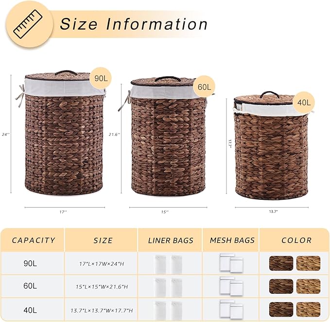 Round Water Hyacinth Laundry Hamper with Lid Handwoven Wicker Basket with Handles for Dirty Clothes, Storage, and Organization, No Assembly Required, 40L - Image 3
