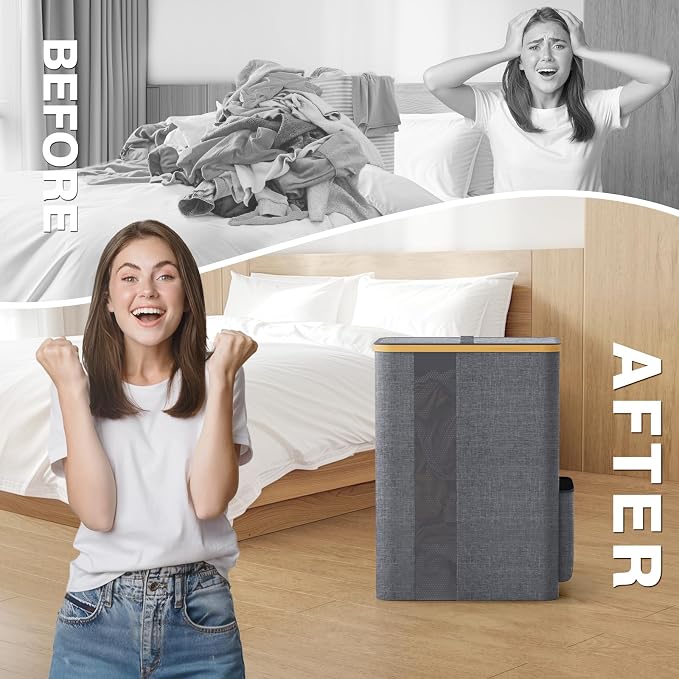 BlissTotes Laundry Basket with Lid, 80L Clothes Laundry Hamper with Handles and Removable Laundry Bag, Breathable Design Hamper with Lid for Bedroom, Bathroom, Dorm, Laundry Room - Light Grey - Image 5