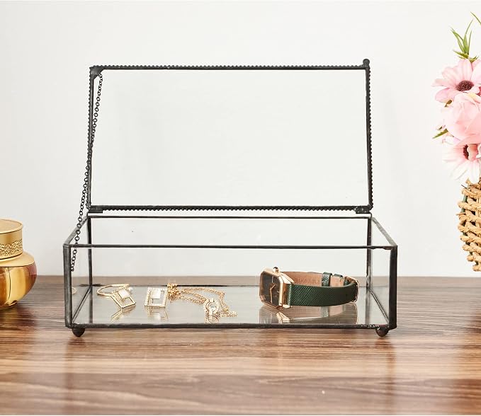 Vintage Glass Jewelry Box Keepsake Box with Hinged Lid, Great for Storage Trinket/Jewelry/Card/Photo, Black Decorative Box for Dresser-15612EX - Image 4