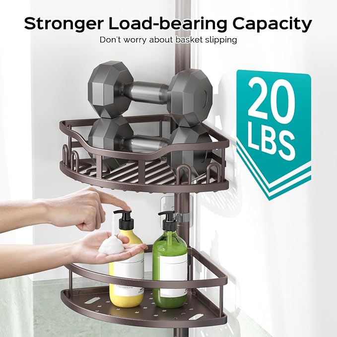 HAMITOR Corner Shower Caddy Tension Pole: Rustproof Stable 4-Tier Bathroom Organizer Shelves for Bathtub Shampoo Storage - 47-121 Inch Quick Install Adjustable Standing Rack with Soap Rack - Bronze - Image 3