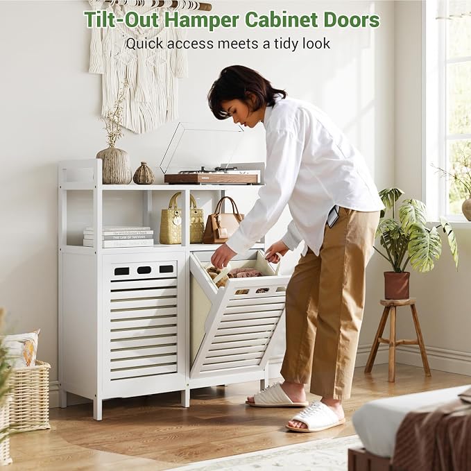 Homykic Tilt Out Laundry Hamper Cabinet, Bamboo Double Laundry Hamper with 2 Removable Laundry Baskets, 20 Gal Laundry Sorter Organizer with Shelf for Dirty Clothes, Bathroom, Laundry Room, White - Image 4