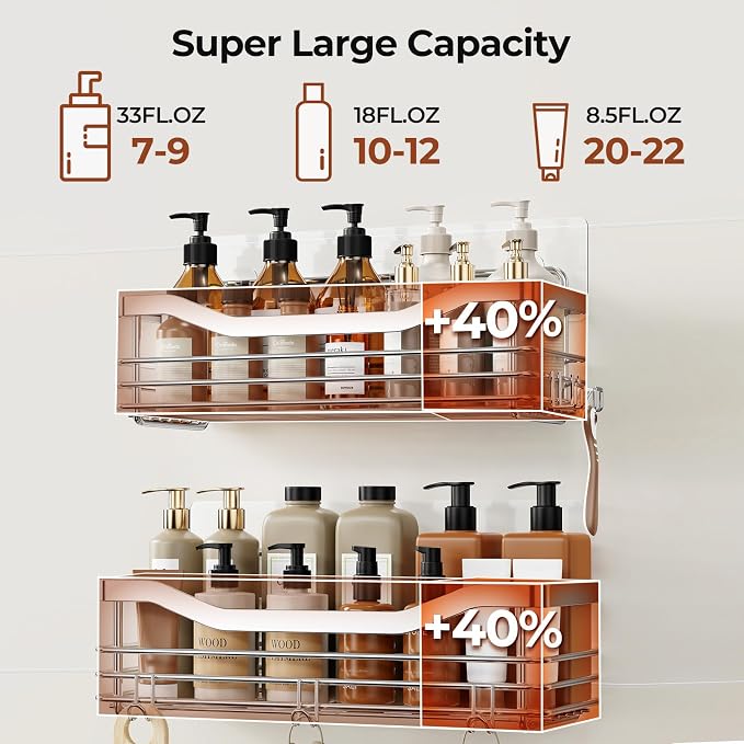 Orimade Shower Caddy Basket Shelf with 5 Hooks Adhesive Organizer Storage Rack Rust Resistant Wall Mounted Stainless Steel No Drilling for Bathroom, Toilet, Kitchen - 2 Pack - Image 6