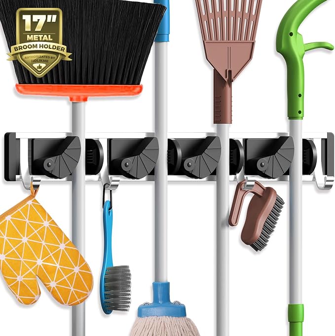 Holikme Mop Broom Holder Wall Mount Metal Pantry Organization and Storage Garden Kitchen Tool Organizer Wall Hanger for Home Goods (4 Positions with 4 Hooks, Black) by Holikme