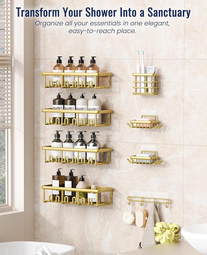 8 Pack Adhesive Rustproof Shower Shelves with Soap Dishes, Toothbrush Holder & Hooks, Large Capacity No-Drilling Shower Shelves Rack for Bathroom Organizers and Storage Accessories, Gold - Image 3