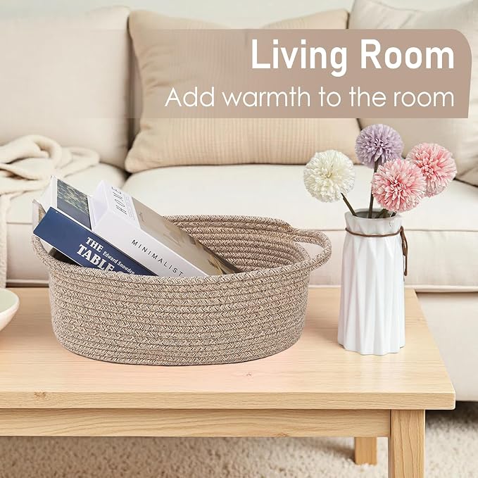 JMvicyroam Woven Basket,Small Rope Storage Bin with Handles & Ribbon Bag, Organizer for Shelves Closets,Gift Basket Empty for Birthday,Books,Dog Toys,Oatmeal/3 Pack - Image 7