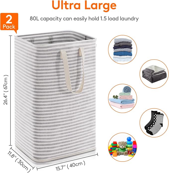 Lifewit 2 Pack Laundry Basket 80L Each, Collapsible Clothes Hamper with Reinforced Handles, Freestanding Waterproof Design for Bedroom and Laundry Room, Grey 160L Total - Image 3