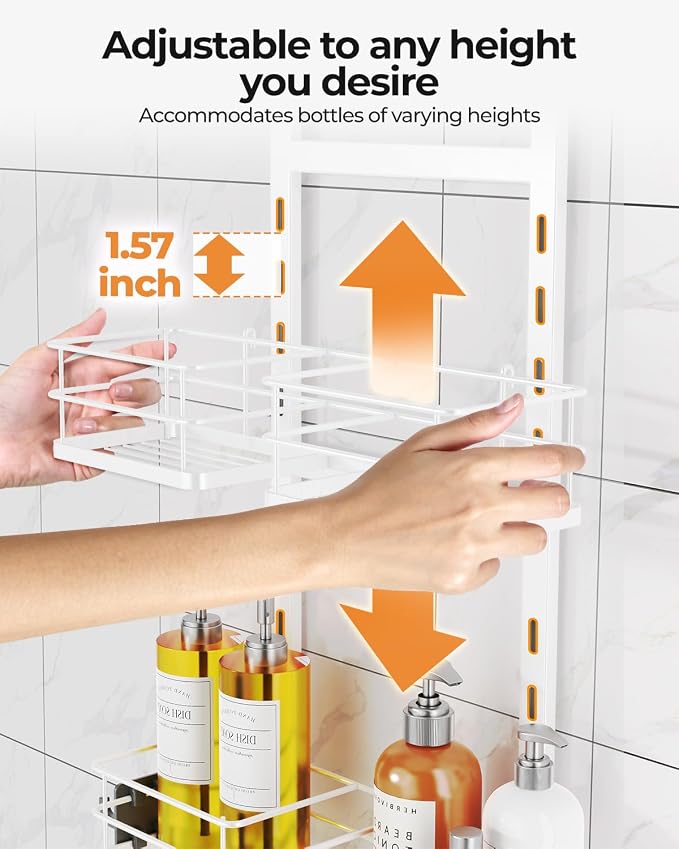 ODesign 2 Tier Height-Adjustable Shower Caddy Hanging Anti-Swing-Over The Shower Head Caddy-Storage Organizer Bathroom Shelves Basket-White - Image 7