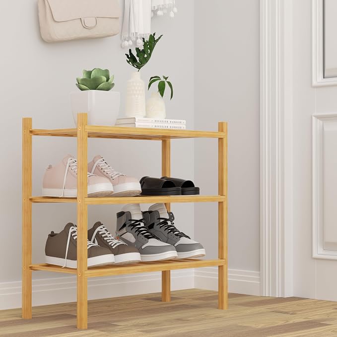 ROMGUAR CRAFT 3-Tier Bamboo Small Shoe Rack, Free Standing Wood Shoe Shelf Storage Organizer for Closet Entryway Stackable (Natural) - Image 2