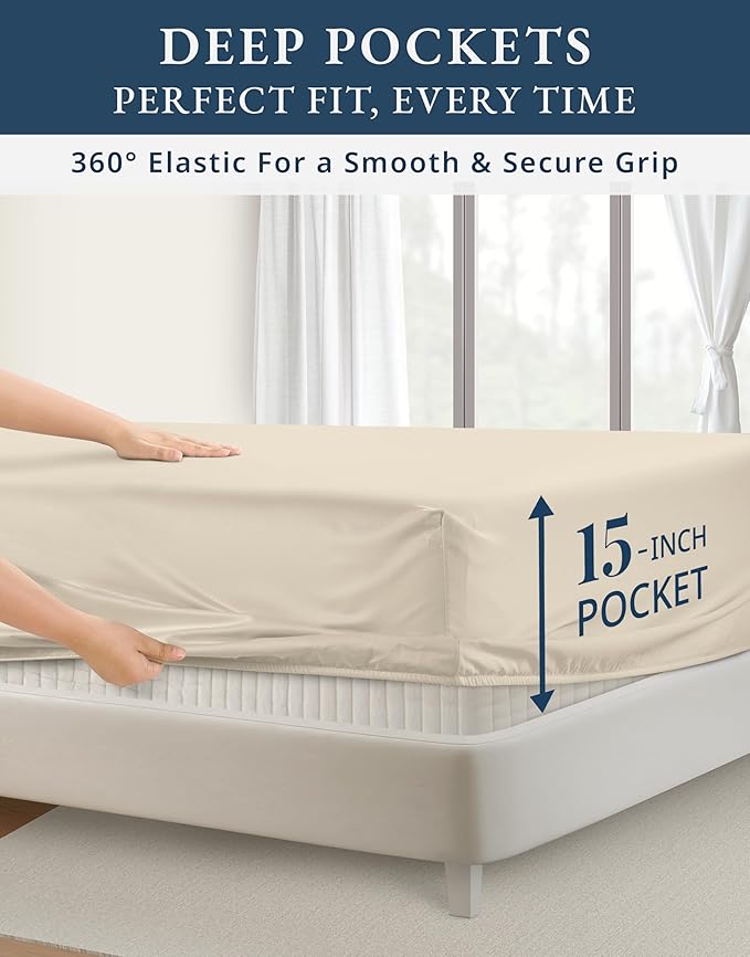 LANE LINEN 100% Egyptian Cotton King Size Sheets Set, Soft & Comfy Luxury Hotel Style Thick Deep Pocket King Sheet Set, No Pill Natural Cooling Elegant, 15" Deep Pocket - Summer Sand