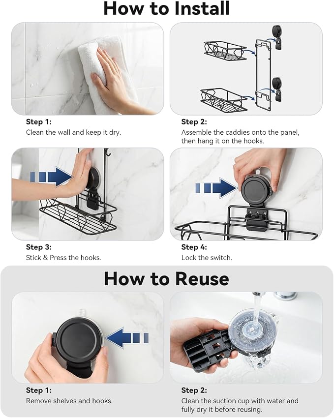 JOTPE Shower Caddy Suction Cup, No Drilling Shower Shelves Hold Up to 40 lbs, Large Capacity Double Layer Bathroom Organizer and Storage with Hooks, Rustproof & Removable Bathroom Shelf, Black - Image 7