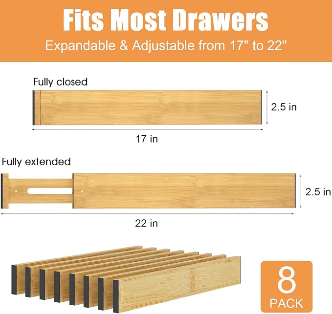 Bamboo Drawer Dividers,17-22" Adjustable Kitchen Drawer Organizer for Clothes,8 Pack Expandable Drawer Organization Separators for Bedroom,Bathroom,Dresser and Office,Natural - Image 3