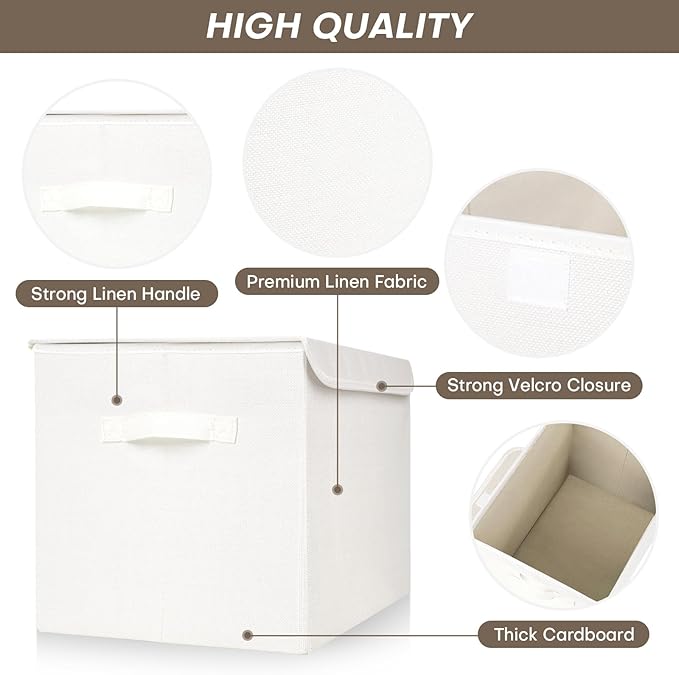 Bagnizer Large 17" 42 Quarts Collapsible Stackable Storage Bins with Lids [3-Pack] Foldable Fabric Linen Storage Boxes Cube, Closet Organizer Baskets with Label (16.7 x 12 x 12, White) - Image 4