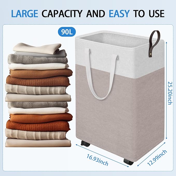 HomeHacks Laundry Basket with Wheels, Rolling Laundry Hamper, Collapsible & Waterproof Clothes Hamper, Narrow Corner Bins with Extended Handles for in the Family & Dorm 90L, Khaki - Image 2